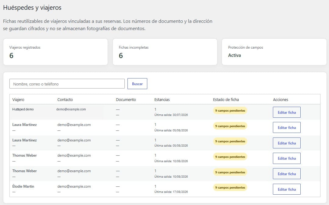Fichas de huéspedes