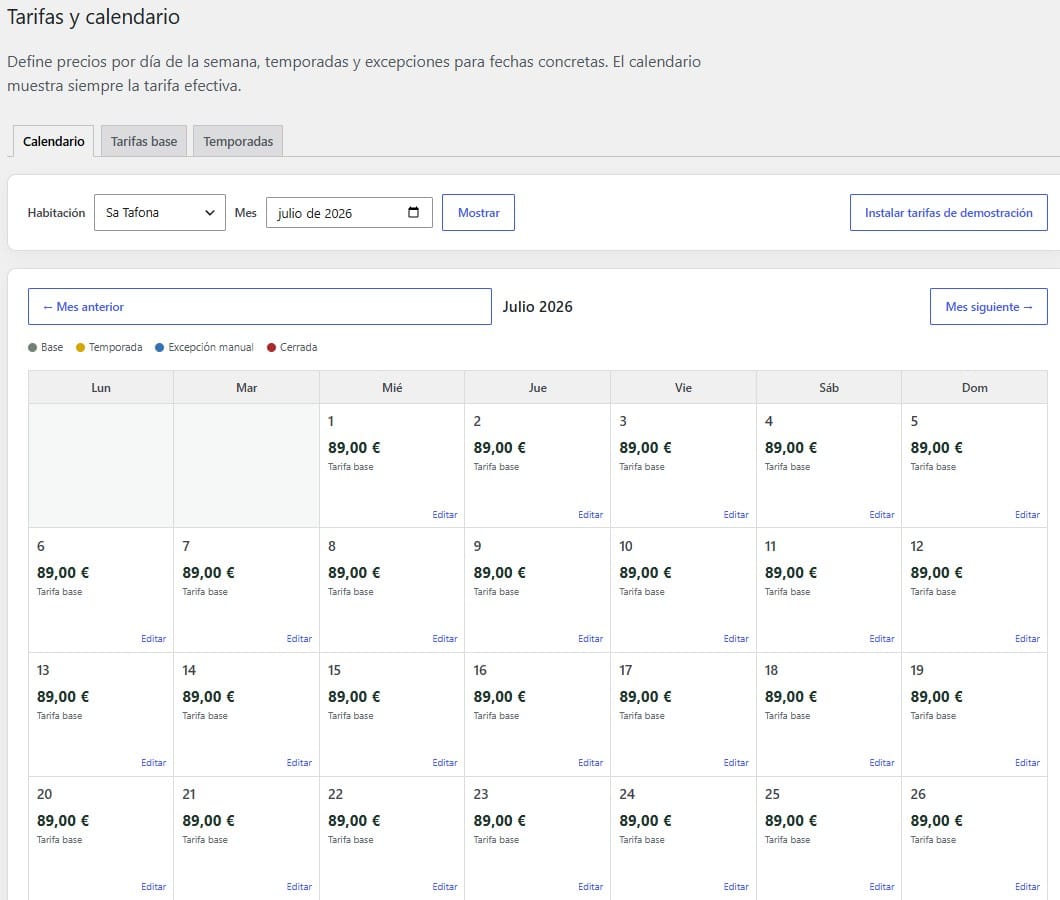 Tarifas y calendario