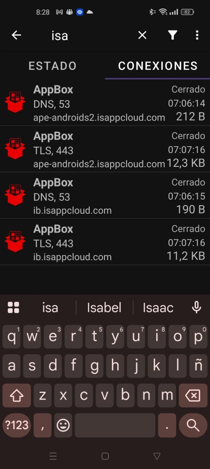 Conexiones de red observadas desde AppBox en un dispositivo OPPO